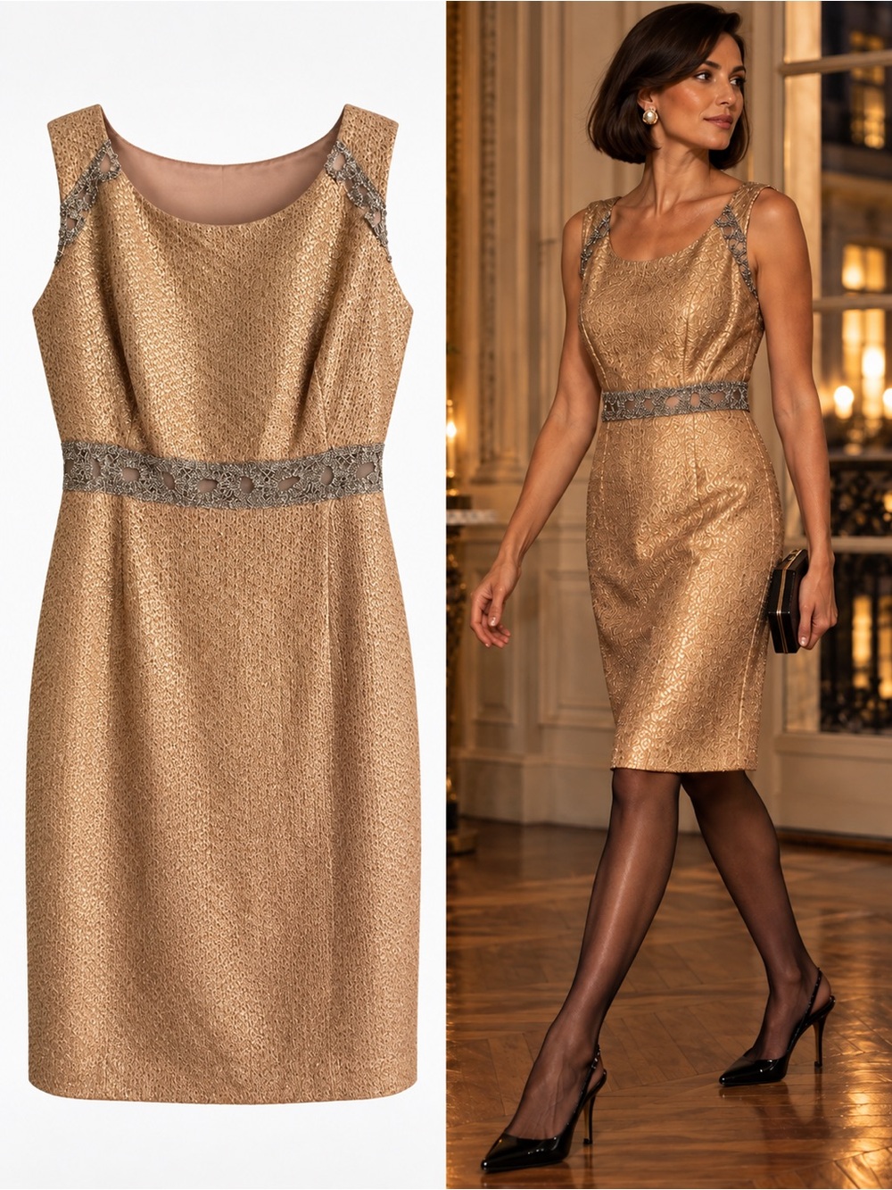 Kay Unger Metallic Gold Tweed Embellished Cocktail Sheath Dress Size 14